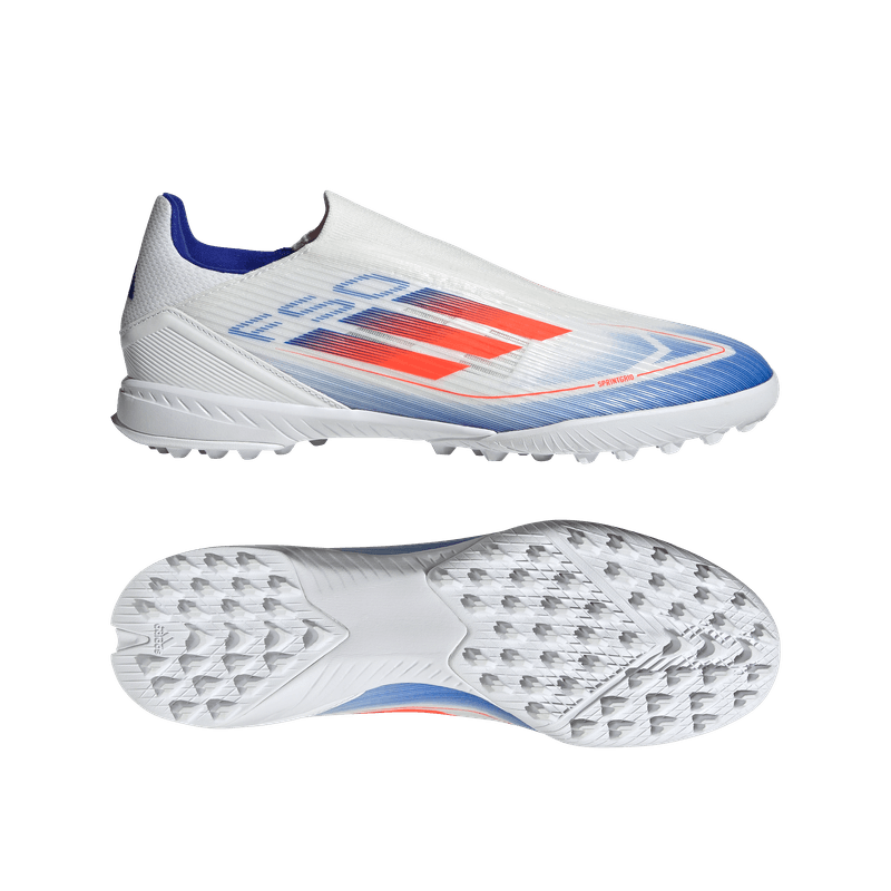 Guayos-adidas-para-hombre-F50-League-Ll-Tf-para-futbol-color-blanco.-Lateral-Y-Suela