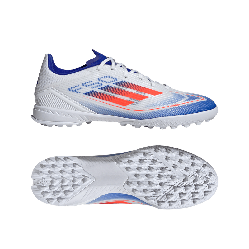 Guayos-adidas-para-hombre-F50-League-Tf-para-futbol-color-blanco.-Lateral-Y-Suela