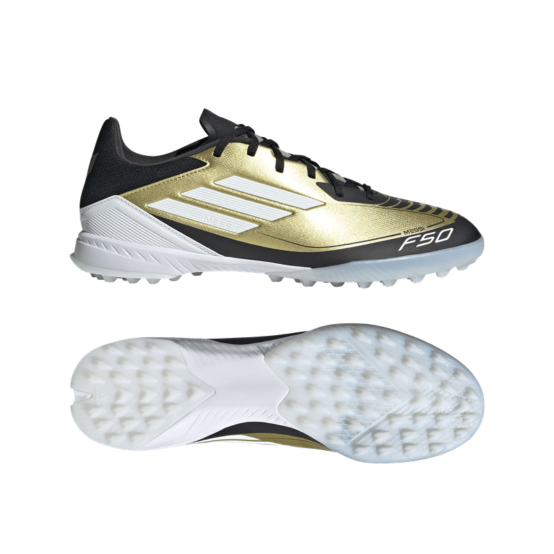 Guayos-adidas-para-hombre-F50-League-Tf-Messi-para-futbol-color-amarillo.-Lateral-Y-Suela