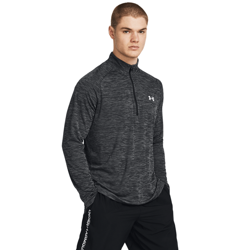 Camiseta-Manga-Larga-under-armour-para-hombre-Ua-Tech-Textured-1-2-Zip-para-entrenamiento-color-negro.-Frente-Sin-Modelo