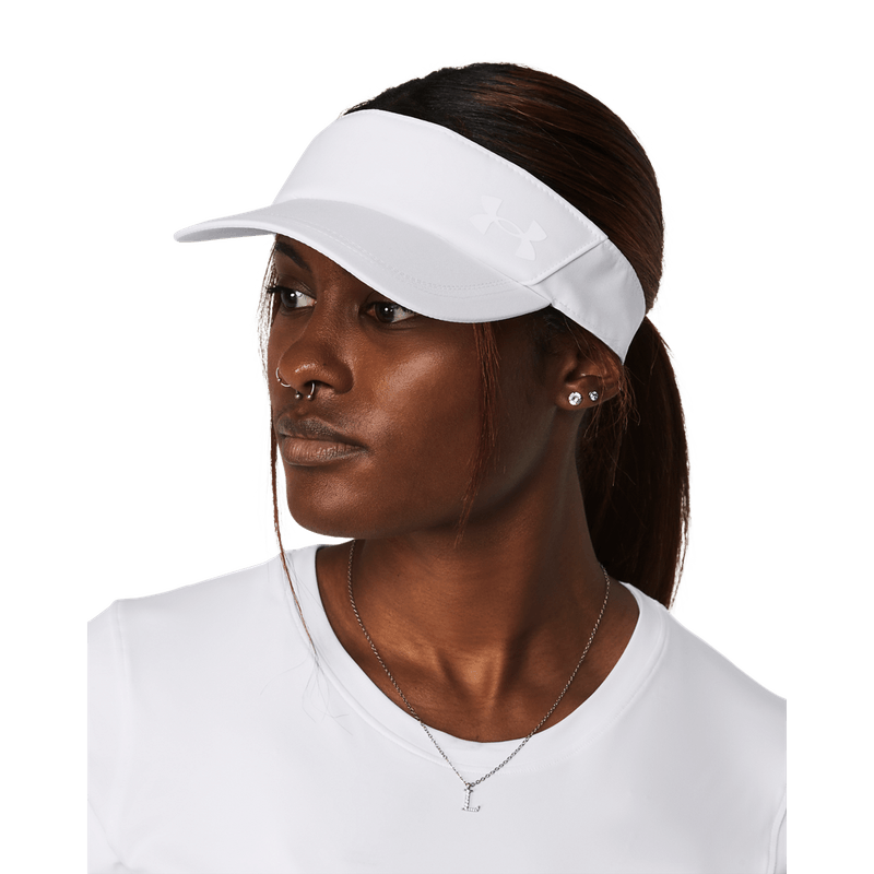 Visera-under-armour-para-mujer-W-Iso-Chill-Launch-Visor-para-correr-color-blanco.-Frente-Sobre-Modelo