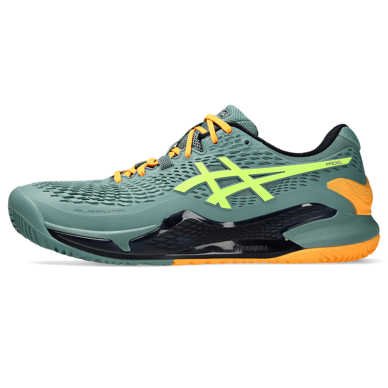 Tenis-asics-para-hombre-Gel-Resolution-9-Padel-para-indoor-color-verde.-Lateral-Externa-Derecha
