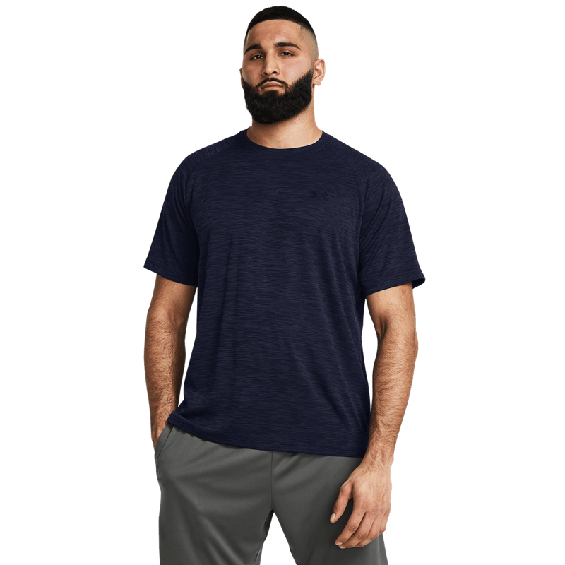 Camiseta-Manga-Corta-under-armour-para-hombre-Ua-Tech-Textured-Ss-para-entrenamiento-color-azul.-Frente-Sin-Modelo