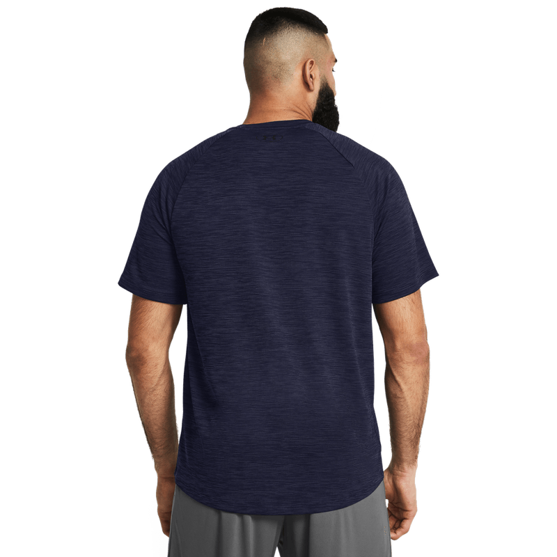 Camiseta-Manga-Corta-under-armour-para-hombre-Ua-Tech-Textured-Ss-para-entrenamiento-color-azul.-Reverso-Sin-Modelo