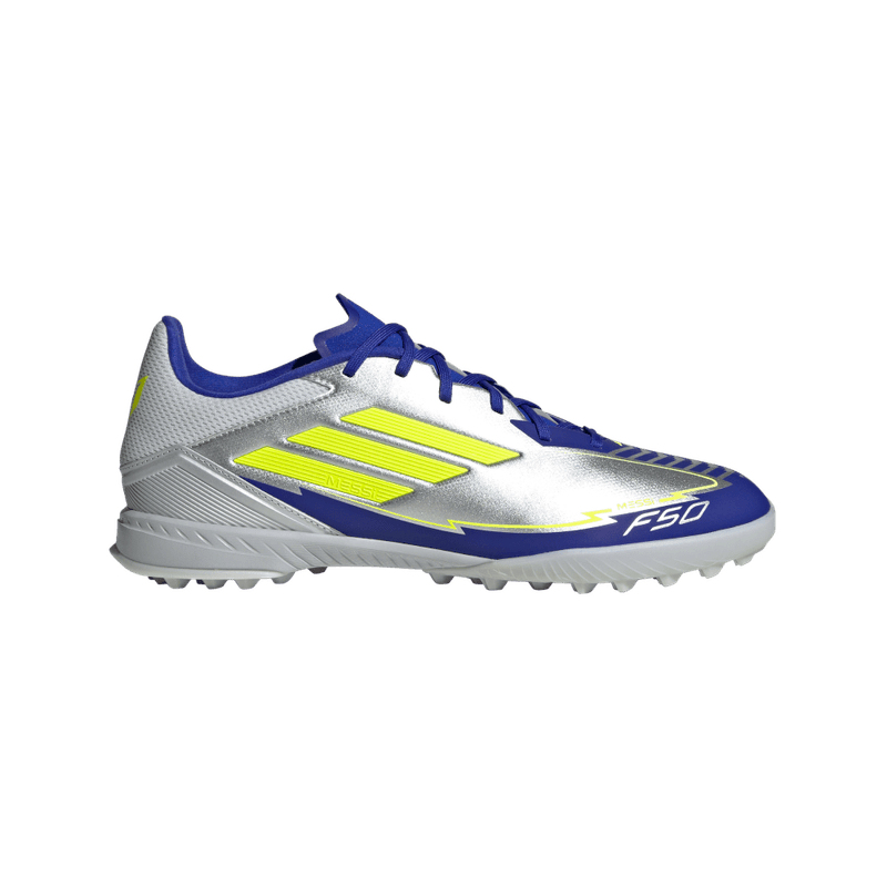 Guayos-adidas-unisex-F50-League-Tf-Messi-para-futbol-color-gris.-Lateral-Externa-Derecha
