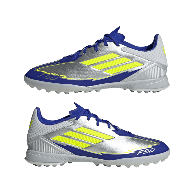 Guayos-adidas-unisex-F50-League-Tf-Messi-para-futbol-color-gris.-Par-Laterales