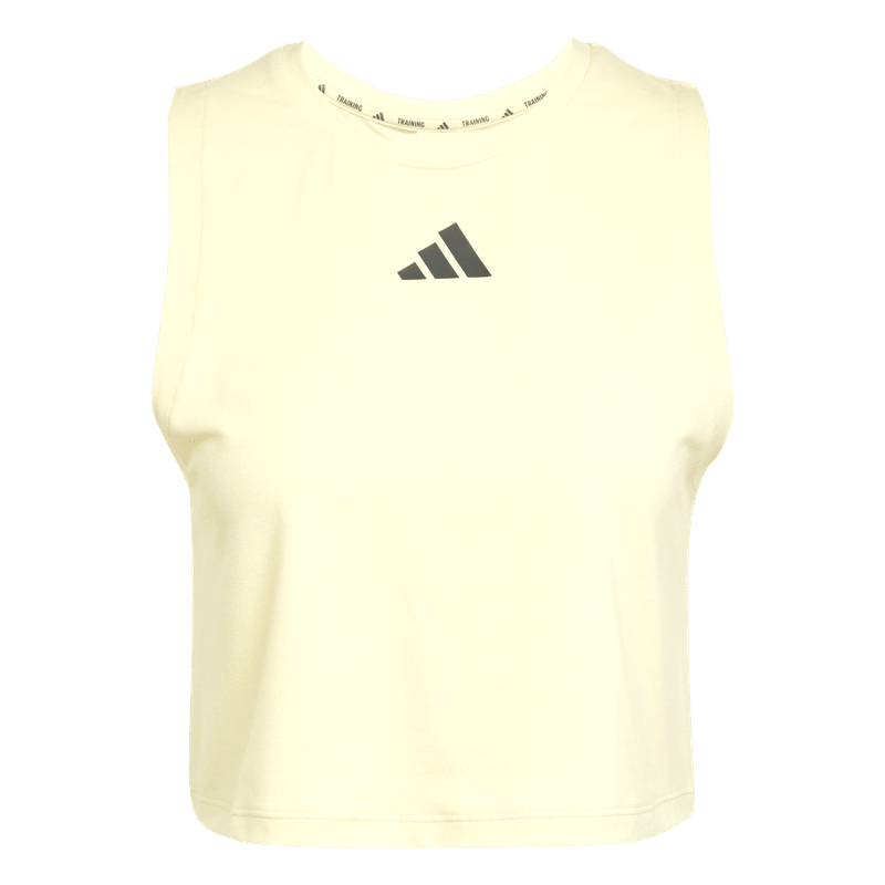 Camiseta-Manga-Sisa-adidas-para-mujer-Boxy-Tank-3S-para-entrenamiento-color-amarillo.-Frontal-Sobre-Modelo
