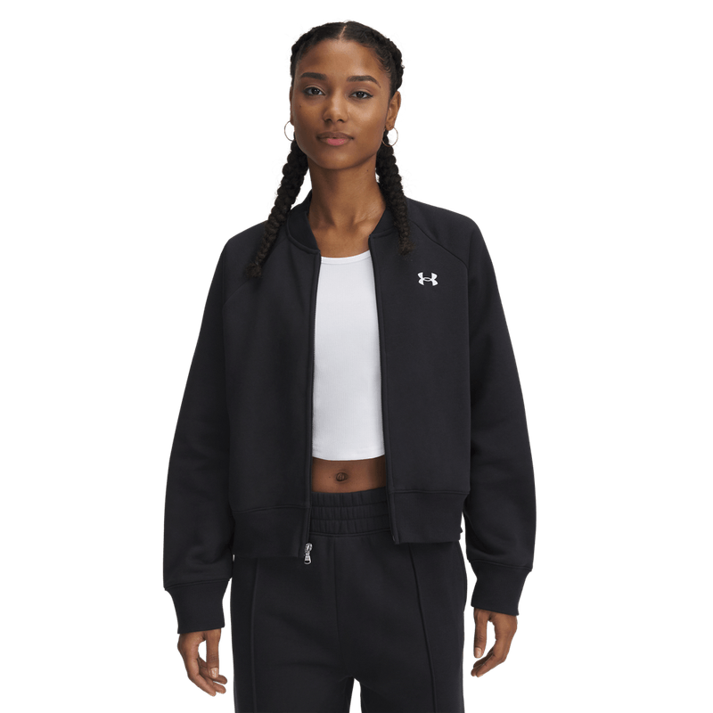 Hoodie-under-armour-para-mujer-Ua-Rival-Fleece-Bomber-para-moda-color-negro.-Frente-Sin-Modelo