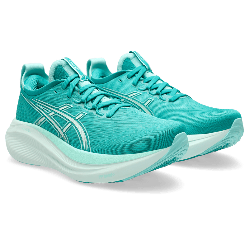 Tenis-asics-para-mujer-Gel-Nimbus-27-para-correr-color-azul.-Par-Alineados