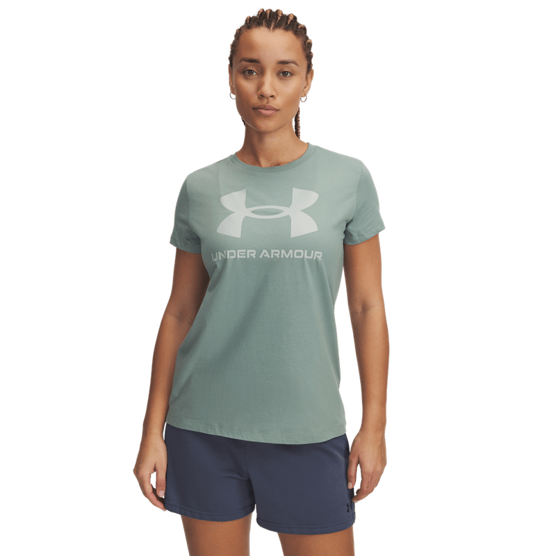 Camiseta-Manga-Corta-under-armour-para-mujer-Ua-Logo-Ss-para-moda-color-verde.-Frente-Sin-Modelo