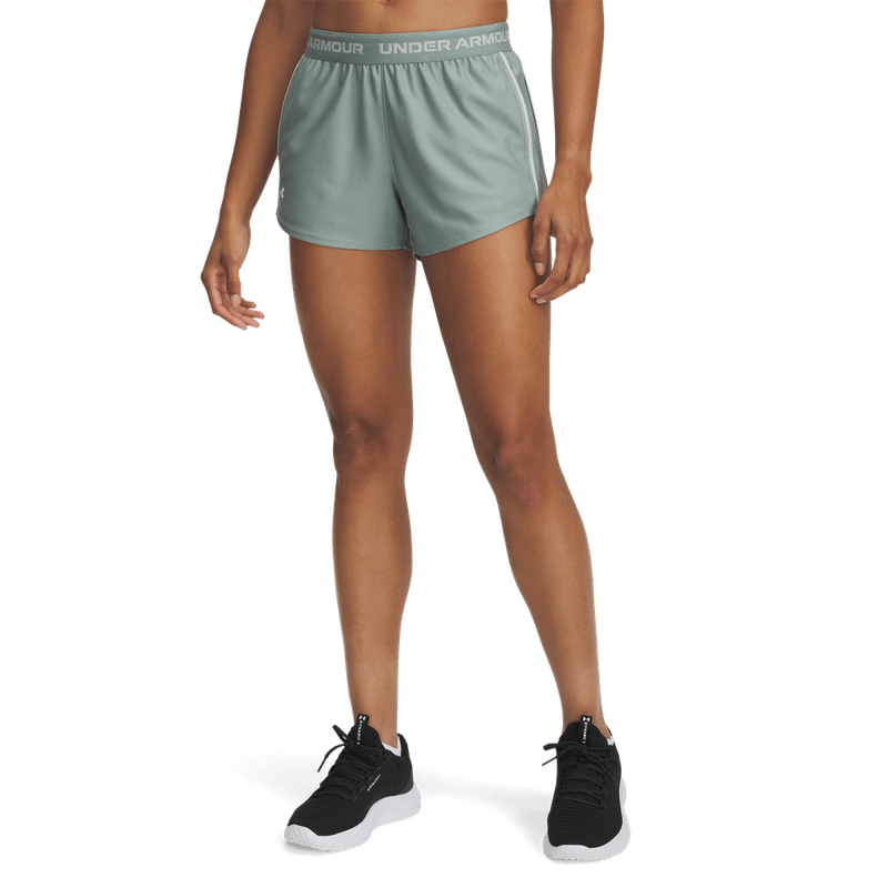 Pantaloneta-under-armour-para-mujer-Tech-Play-Up-Shorts-para-entrenamiento-color-verde.-Frente-Sin-Modelo