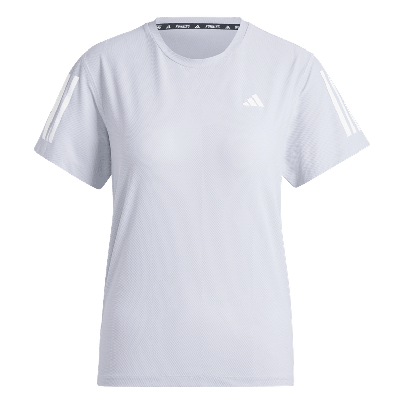 Camiseta-Manga-Corta-adidas-para-mujer-Otr-B-Tee-para-correr-color-gris.-Frontal-Sobre-Modelo