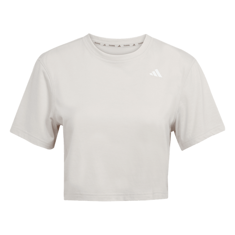 Camiseta-Manga-Corta-adidas-para-mujer-We-Min-Tee-para-entrenamiento-color-gris.-Frontal-Sobre-Modelo