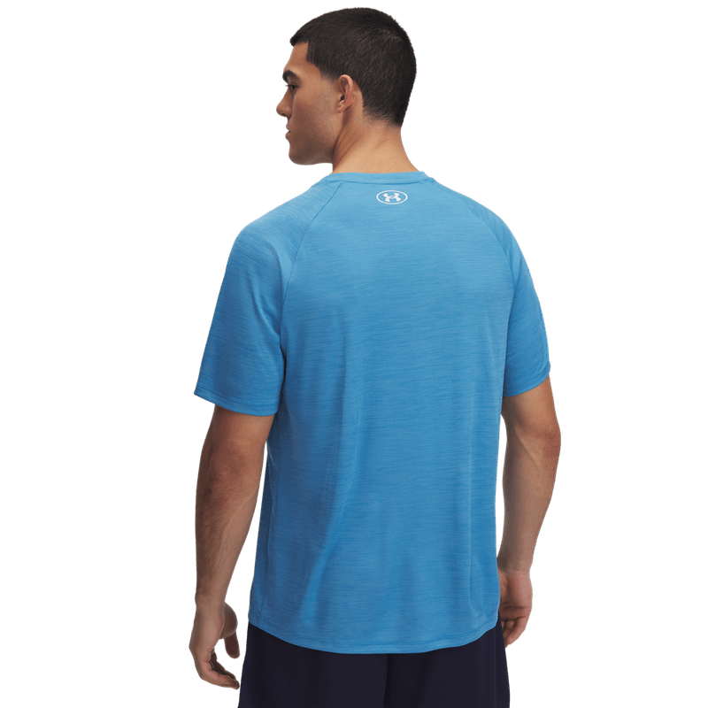 Camiseta-Manga-Corta-under-armour-para-hombre-Ua-Tech-Textured-Ss-para-entrenamiento-color-azul.-Reverso-Sin-Modelo