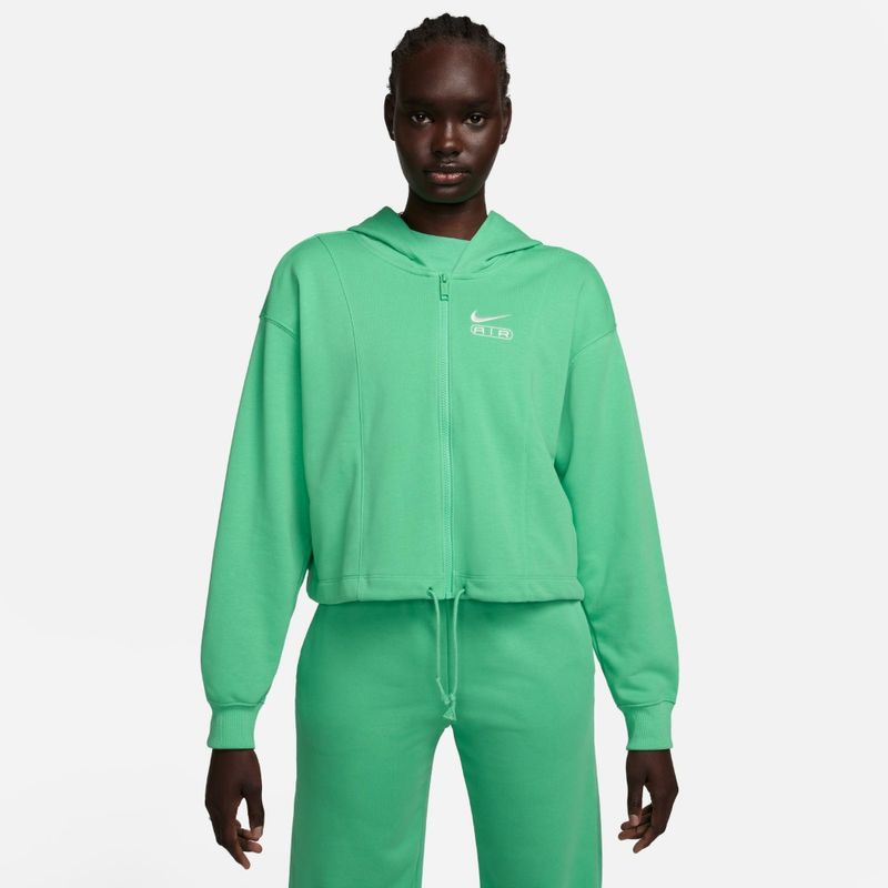 Hoodie-nike-para-mujer-W-Nsw-Air-Os-Flc-Fz-para-moda-color-verde.-Frente-Sobre-Modelo