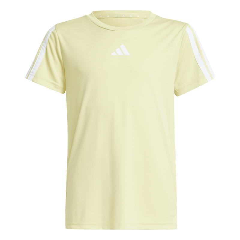 Camiseta-Manga-Corta-adidas-para-niña-Jg-Tr-Es-3S-Tee-para-entrenamiento-color-amarillo.-Frontal-Sobre-Modelo