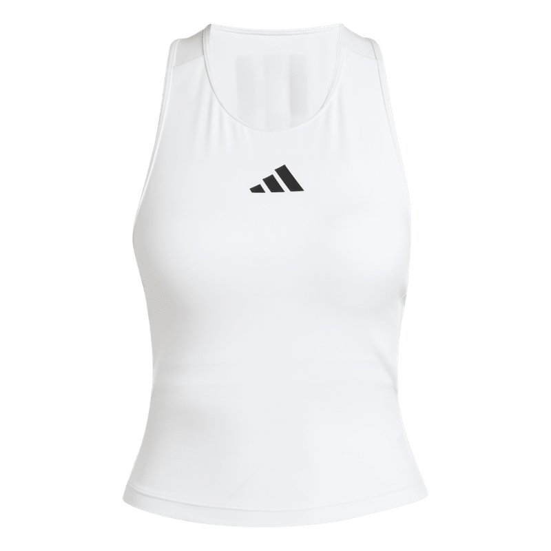 Camiseta-Manga-Sisa-adidas-para-mujer-Bra-Tank-3S-para-entrenamiento-color-blanco.-Frontal-Sobre-Modelo