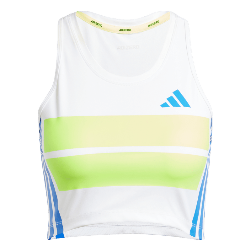 Camiseta-Manga-Corta-adidas-para-mujer-Adizero-R-Ctp-W-para-correr-color-blanco.-Frontal-Sobre-Modelo