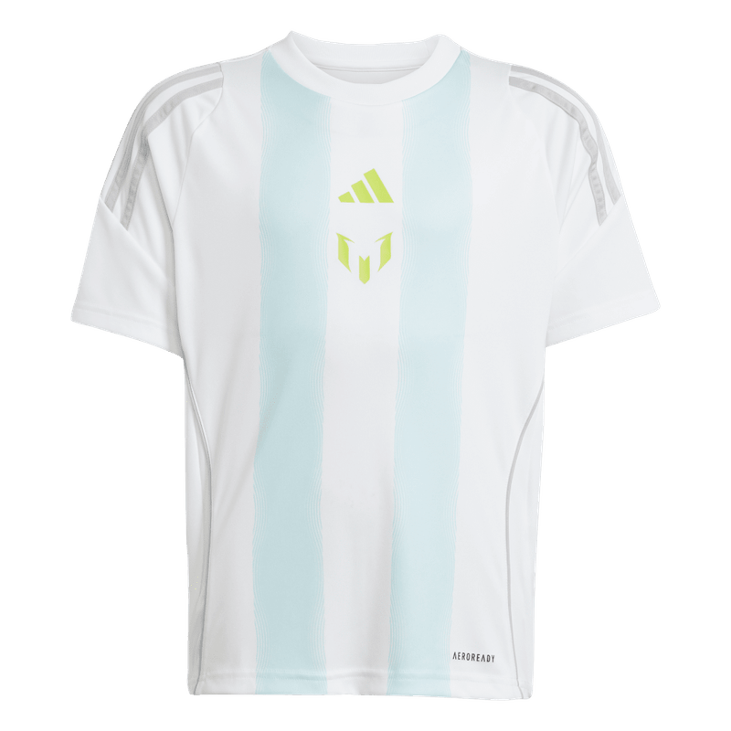Camiseta-De-Equipo-adidas-para-niño-Messi-Tr-Jsy-Y-para-futbol-color-blanco.-Frontal-Sobre-Modelo