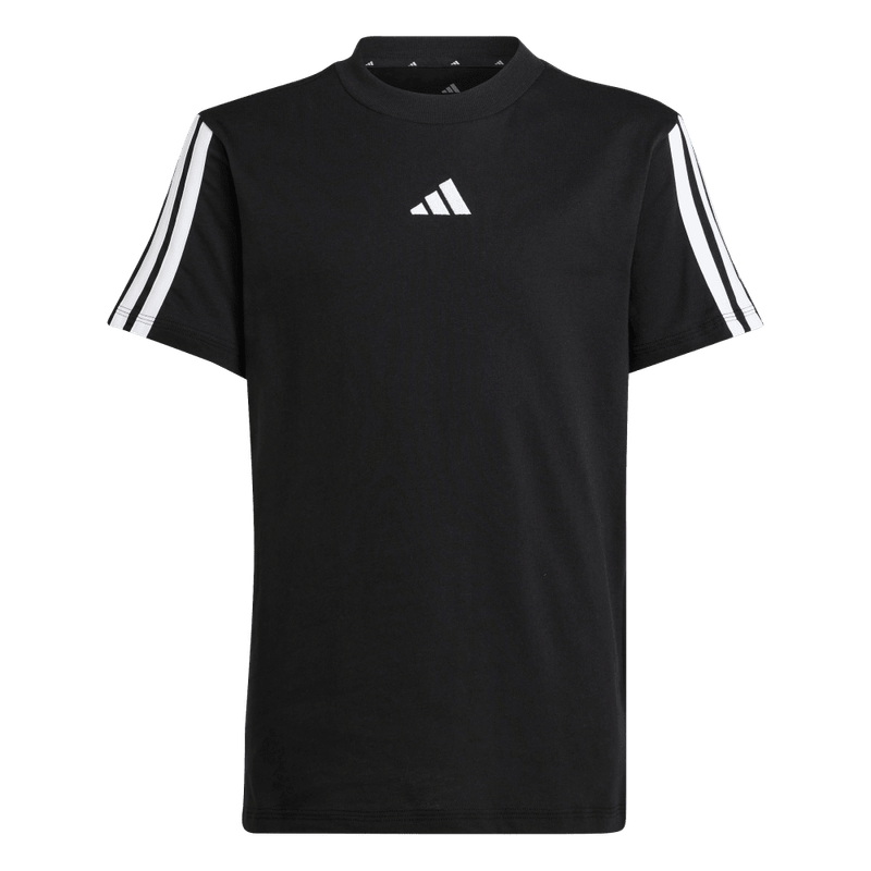 Camiseta-Manga-Corta-adidas-para-niño-J-3S-Tee-160-para-moda-color-negro.-Frontal-Sobre-Modelo