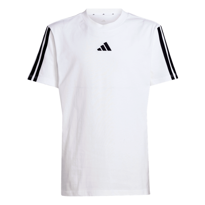 Camiseta-Manga-Corta-adidas-para-niño-J-3S-Tee-160-para-moda-color-blanco.-Frontal-Sobre-Modelo
