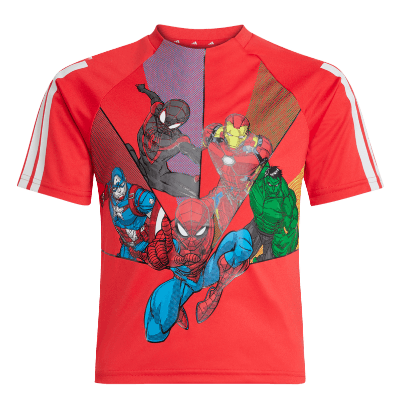 Camiseta-Manga-Corta-adidas-para-niño-Lk-Mrvl-Sm-T-para-moda-color-rojo.-Frontal-Sobre-Modelo