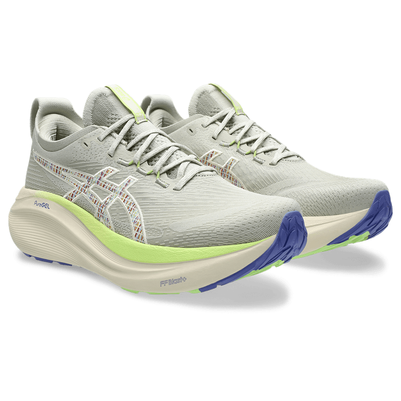 Tenis-asics-para-hombre-Gel-Nimbus-27-Tr-para-correr-color-verde.-Par-Alineados
