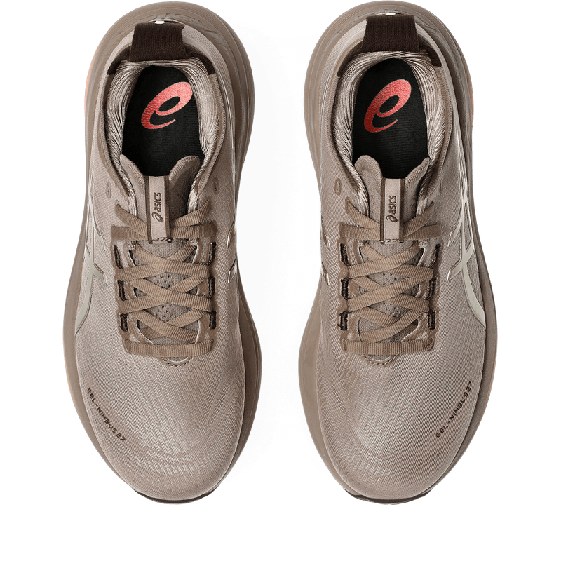 Tenis-asics-para-mujer-Gel-Nimbus-27-Luxe-para-correr-color-gris.-Capellada
