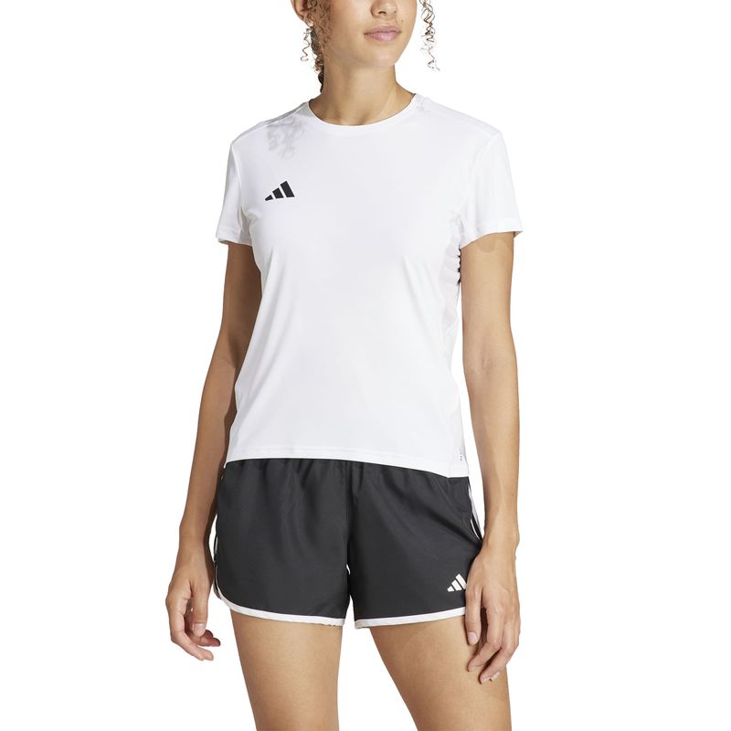 Camiseta-Manga-Corta-adidas-para-mujer-Adizero-E-Tee-para-correr-color-blanco.-Zoom-Frontal-Sobre-Modelo