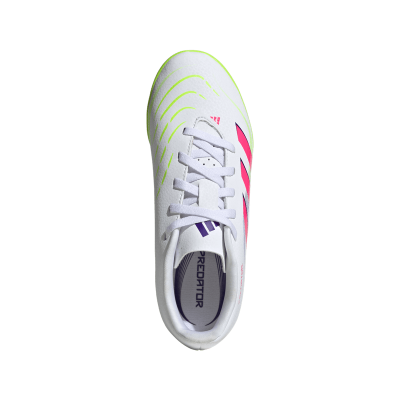Guayos-adidas-para-niño-Predator-Club-Tf-J-para-futbol-color-blanco.-Vista-Lateral-Pares
