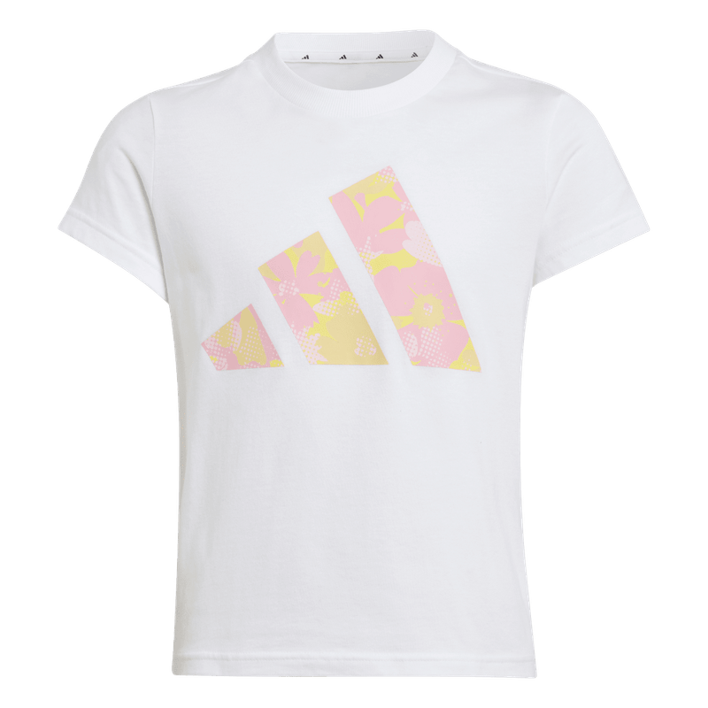 Camiseta-Manga-Corta-adidas-para-niña-Jg-Flwr-T-para-moda-color-blanco.-Frontal-Sobre-Modelo