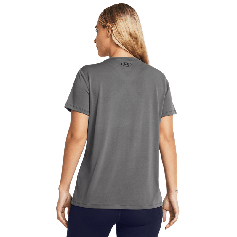 Camiseta-Manga-Corta-under-armour-para-mujer-Tech-Ssc---Solid-para-entrenamiento-color-gris.-Reverso-Sin-Modelo