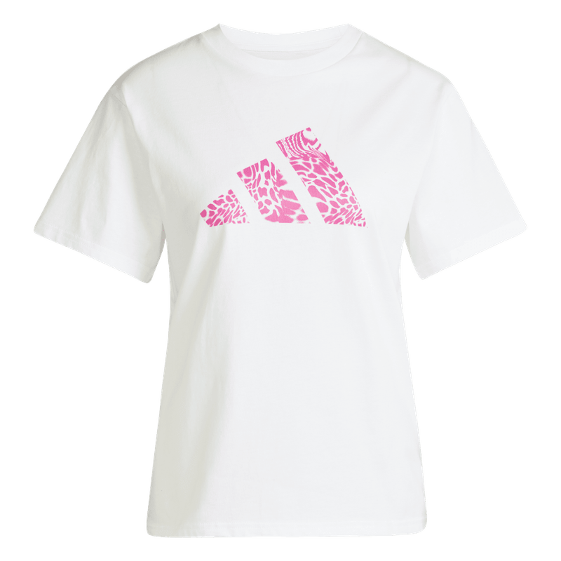 Camiseta-Manga-Corta-adidas-para-mujer-W-C-Camo-Tee-para-moda-color-blanco.-Frontal-Sobre-Modelo