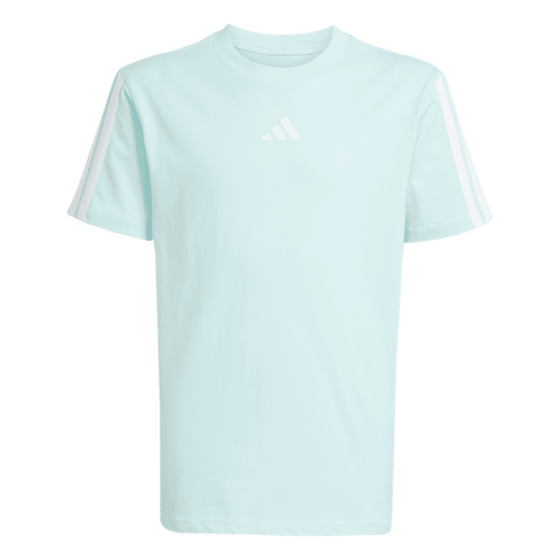 Camiseta-Manga-Corta-adidas-para-niño-J-3S-Tee-160-para-moda-color-azul.-Frontal-Sobre-Modelo