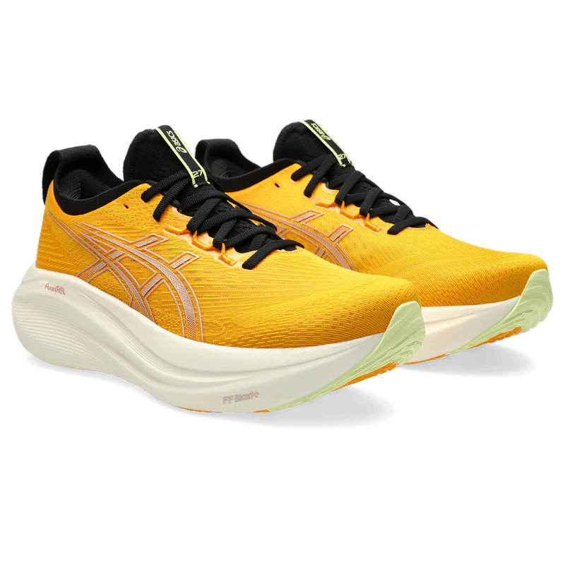 Tenis-asics-para-hombre-Gel-Nimbus-27-para-correr-color-naranja.-Par-Alineados