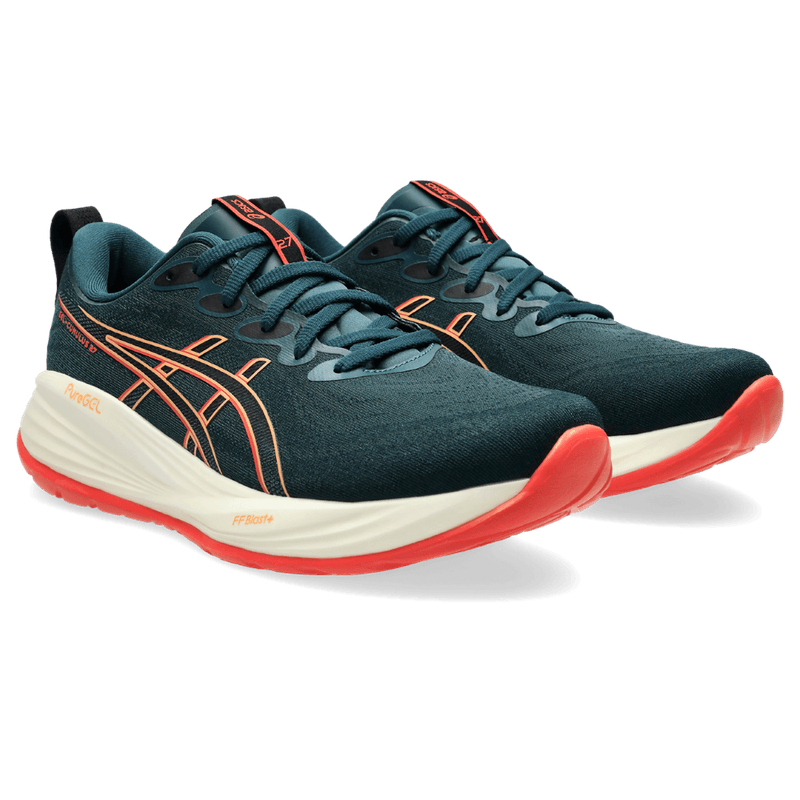 Tenis-asics-para-hombre-Gel-Cumulus-27-para-correr-color-verde.-Par-Alineados