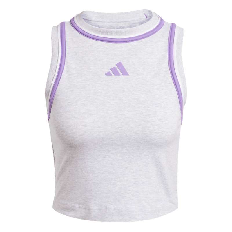 Camiseta-Manga-Sisa-adidas-para-mujer-W-Cb-Cro-Tk-para-moda-color-gris.-Frontal-Sobre-Modelo