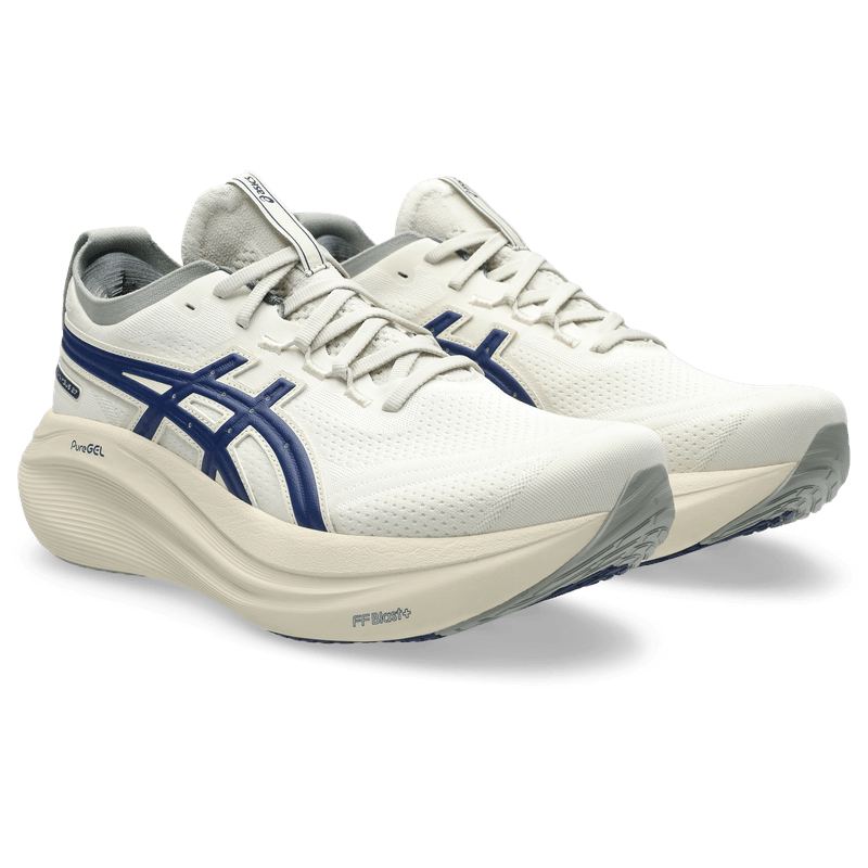 Tenis-asics-para-hombre-Gel-Nimbus-27-Atc-para-correr-color-cafe.-Par-Alineados