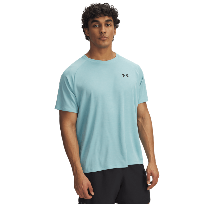 Camiseta-Manga-Corta-under-armour-para-hombre-Ua-Tech-Textured-Ss-para-entrenamiento-color-verde.-Frente-Sin-Modelo