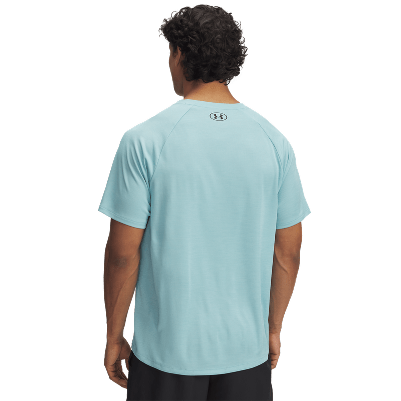 Camiseta-Manga-Corta-under-armour-para-hombre-Ua-Tech-Textured-Ss-para-entrenamiento-color-verde.-Reverso-Sin-Modelo