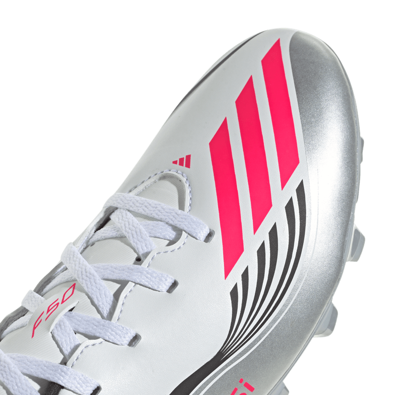 Guayos-adidas-unisex-F50-Messi-Club-Fg-M-para-futbol-color-blanco.-Lateral-Y-Suela
