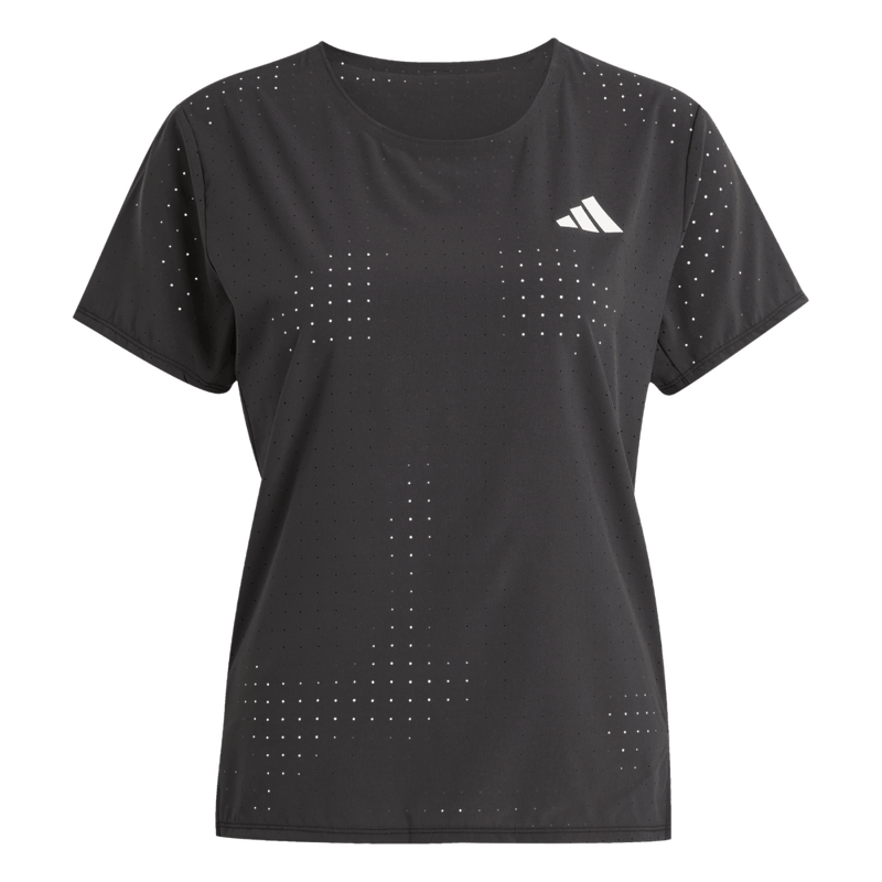 Camiseta-Manga-Corta-adidas-para-mujer-Adizero-Tee-W-para-correr-color-negro.-Frontal-Sobre-Modelo