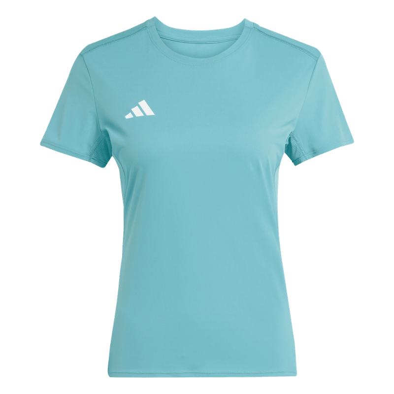 Camiseta-Manga-Corta-adidas-para-mujer-Adizero-E-Tee-para-correr-color-azul.-Frontal-Sobre-Modelo
