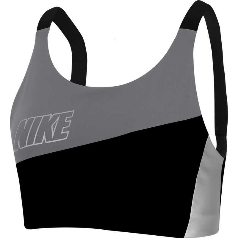Top-nike-para-mujer-Nike-Swoosh-Mtlc-Logo-Bra-Pad-para-entrenamiento-color-negro.-Frente-Sin-Modelo