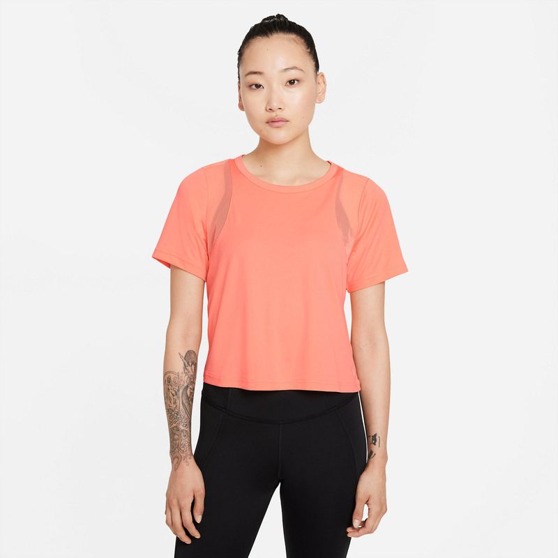 Camiseta-Manga-Corta-nike-para-mujer-W-Ny-Df-Top-Mesh-para-entrenamiento-color-naranja.-Frente-Sin-Modelo