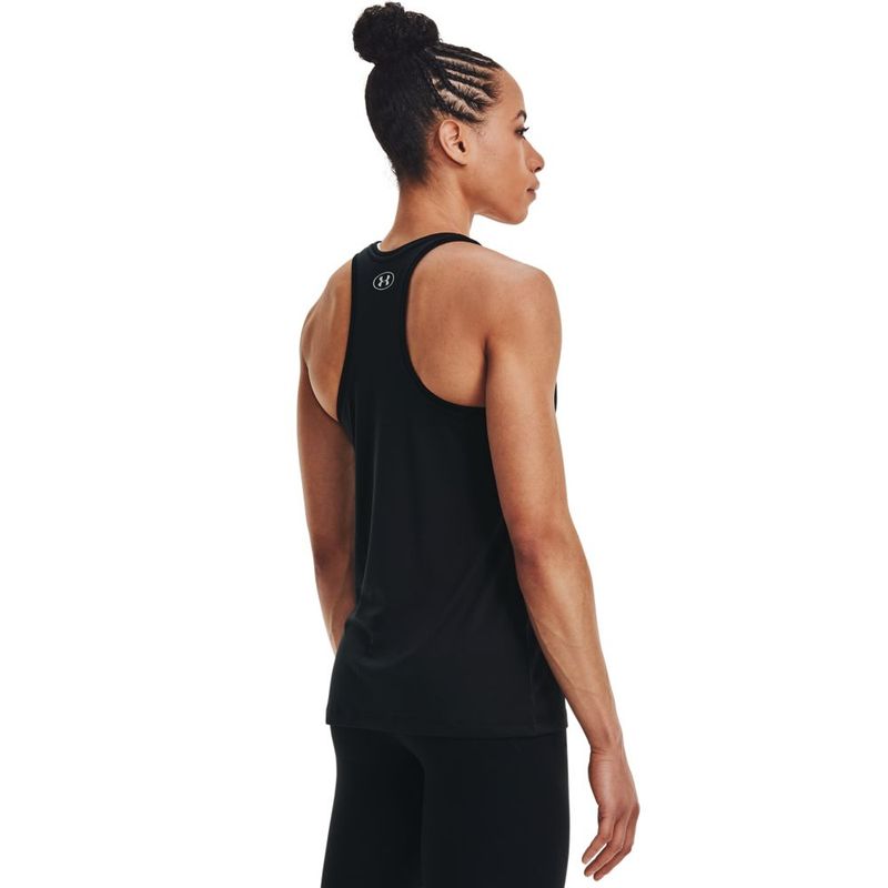 Camiseta-Manga-Sisa-under-armour-para-mujer-Tech-Tank---Solid-para-entrenamiento-color-negro.-Reverso-Sobre-Modelo