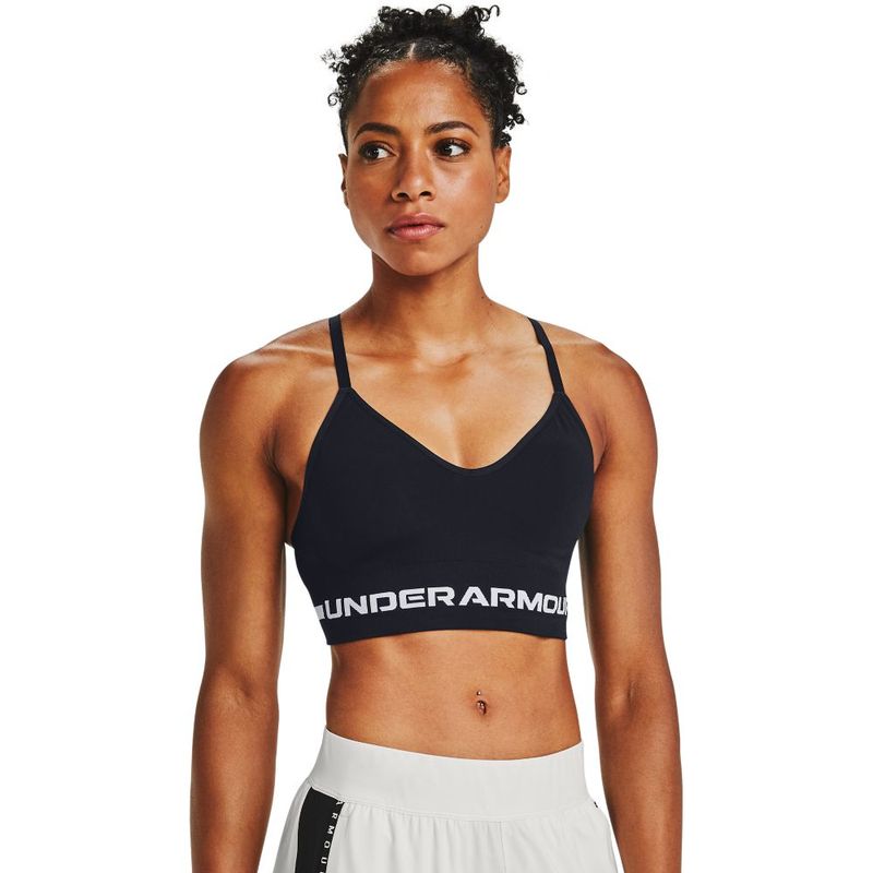 Top-under-armour-para-mujer-Ua-Seamless-Low-Long-Bra-para-entrenamiento-color-negro.-Frente-Sobre-Modelo