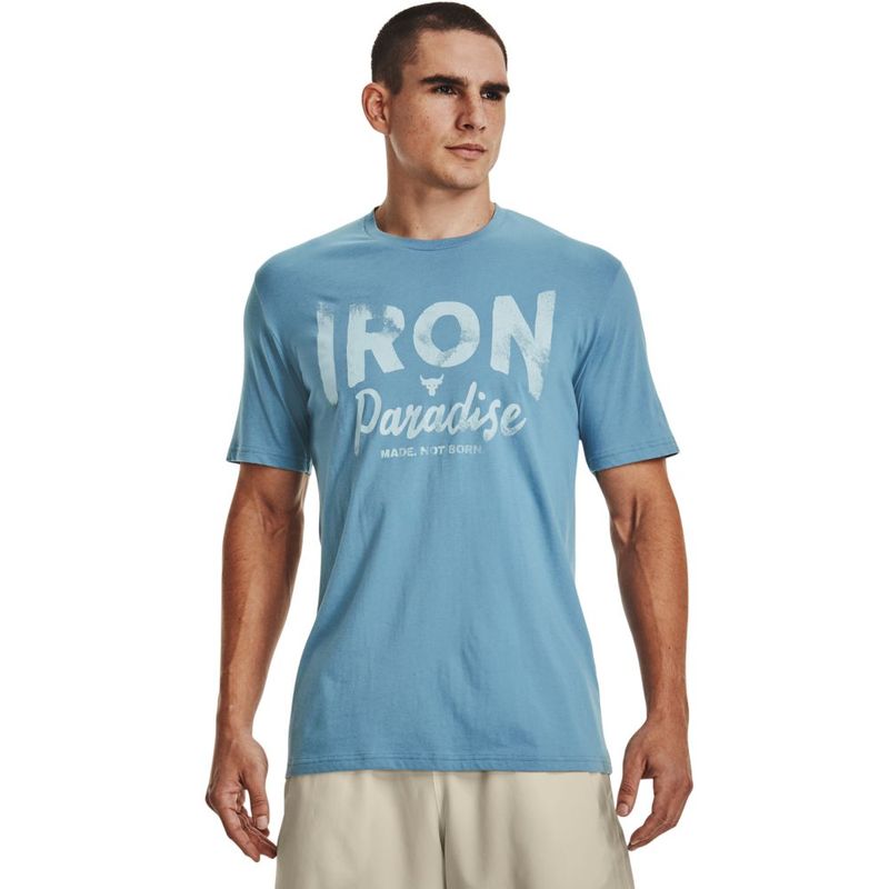 Camiseta-Manga-Corta-under-armour-para-hombre-Ua-Pjt-Rock-Iron-Paradise-Ss-para-entrenamiento-color-azul.-Frente-Sobre-Modelo