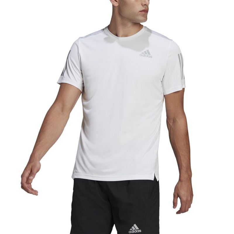 Camiseta-Manga-Corta-adidas-para-hombre-Own-The-Run-Tee-para-correr-color-blanco.-Zoom-Frontal-Sobre-Modelo