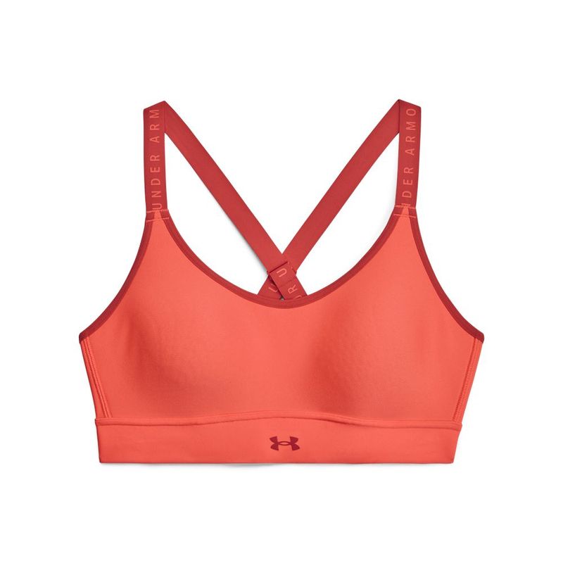 Top-under-armour-para-mujer-Ua-Infinity-Mid-Covered-para-entrenamiento-color-naranja.-Frente-Sin-Modelo